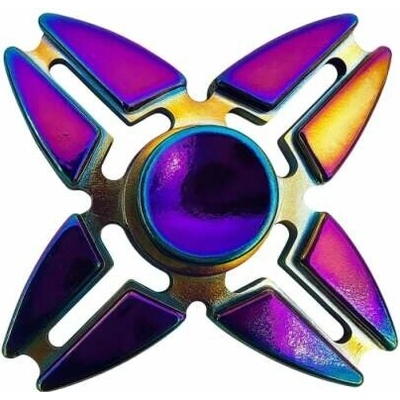 Kovový fidget spinner duhový čtyřramenný hvězdice v kovové krabičce