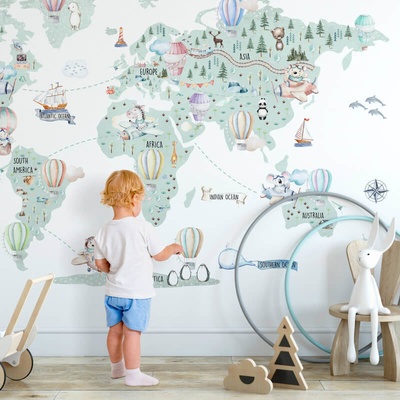 INSPIO Nálepka Detská cestovateľská mapa sveta na stenu mapy a mestá, akvarelové nálepky plnofarebný motív, tyrkysová rozmery 90x260
