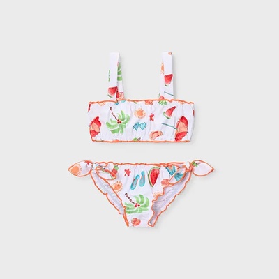 MAYORAL Бански 2 части в бяло с оранжеви детайли и цветни щампи за мини момиче Mayoral
