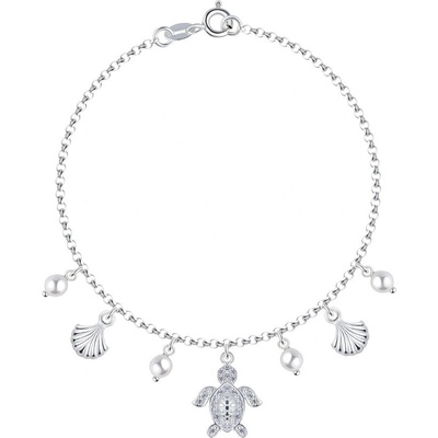 Šperky eshop stříbrný náramek želva mušle bílé syntetické perly čiré zirkony AC21.04