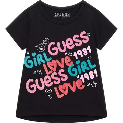 GUESS Черна тениска с многоцветни надписи за момиче Guess