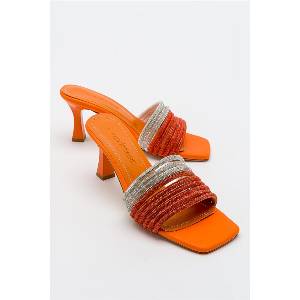 Moda Trend Дамски чехли с декоративни камъчета - Оранжеви #381718 (381718_Оранжев)