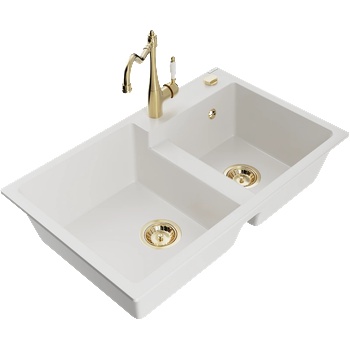 Mexen Tomas гранитна мивка с 2 камери и кухненски смесител Carla, бял - 6516-20-670700-50 (6516-20-670700-50)