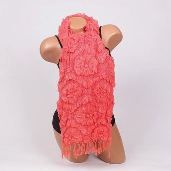 Image 1 of Ефектен шал в коралово с цветя и ресни