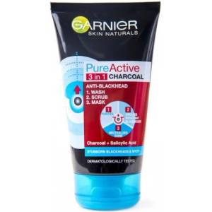 Garnier Pure Active 3 in 1 Charcoal - Почистващ гел, ексфолиант и маска за лице против черни точки 150мл