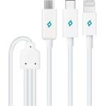 Ttec Кабел ttec - Trio, USB-A/USB-C/Lightning/Micro USB, 1.2 m, бял (8694470613925)