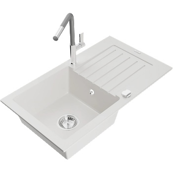 Mexen Pablo гранитна кухненска мивка с една камера с оттичане и кухненски смесител Flora, бял - 6510-20-670401-06 (6510-20-670401-06)