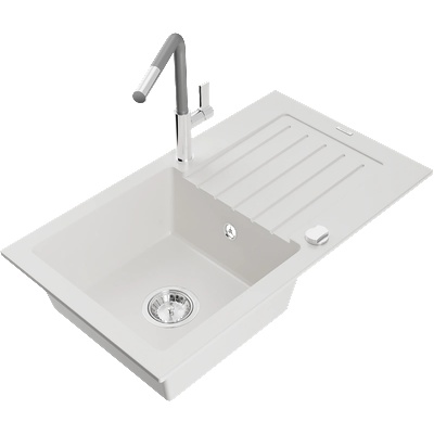 Mexen Pablo гранитна кухненска мивка с една камера с оттичане и кухненски смесител Flora, бял - 6510-20-670401-06 (6510-20-670401-06)