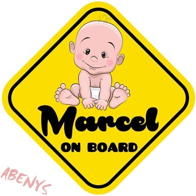 Abenys nálepka na auto žltý štvoruholník s vlastným menom postavička MARCEL