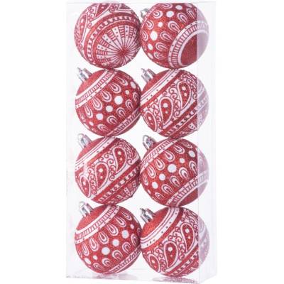 MagicHome Koule 8 ks 6 cm červené s bílým ornamentem na vánoční stromek ST8091067