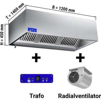 G.Gastro Nástěnná digestoř hranatá 1,2 m - s motorem, regulátorem, filtrem a svítidlem - 14684