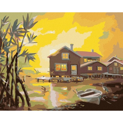 ZUTY Malování podle čísel DOMY S MOLEM U JEZERA VOLAVKA A RACCI A ZÁPAD SLUNCE D RUSTY RUST 40 x 50 cm vypnuté plátno na rám