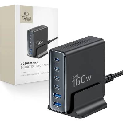 Tech-Protect dc160w-gan 6-портово настолно зарядно pd 160w / qc3.0 черно (5906302335695)