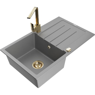 Mexen Bruno гранитна кухненска мивка с една камера и отцедник и кухненски смесител Rita, сив - 6513-71-670300-50 (6513-71-670300-50)