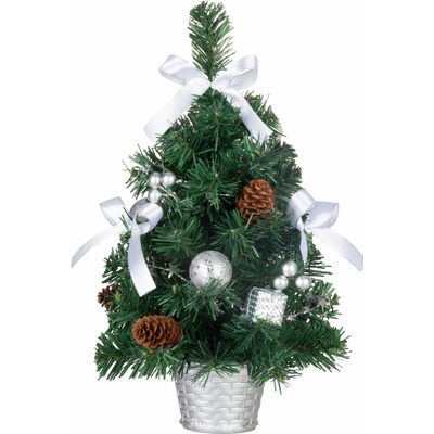 Stromček MagicHome Vianoce, ozdobený, strieborný, mašľa, 40 cm