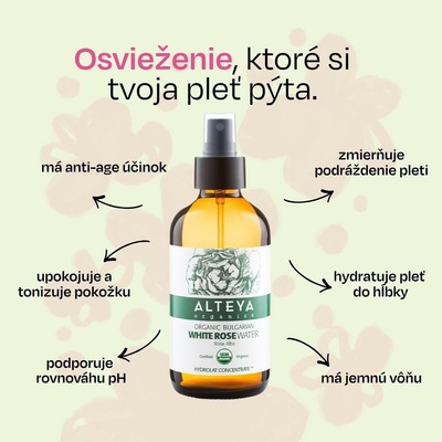 Alteya Růžová voda z bílé růže bio v skle 240 ml