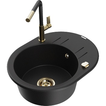 Mexen Kevin гранитна мивка с 1 отделение и дренаж и кухненски смесител Flora, черен - 6517-77-670401-57-G (6517-77-670401-57-G)