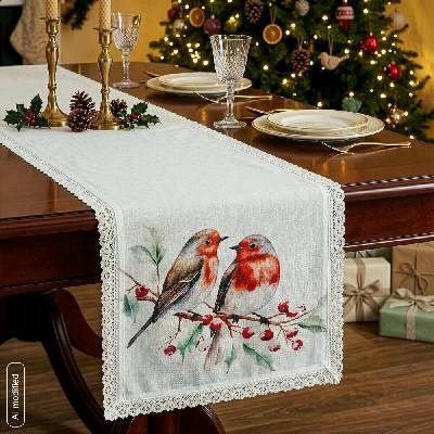 Eurofirany šerpa s vtáčikmi behúň biela Polyester 40x140 cm