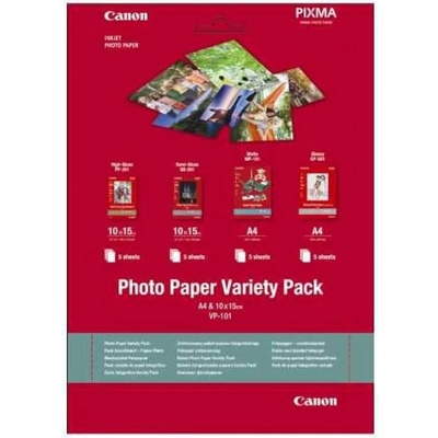Комплект фотохартия Canon Photo Paper Variety Pack 10x15cm VP-101, 10 x 15 cm, Glossy/Semi-glossy/High gloss, 1x10 + 2x5 листа (0775B078AA)