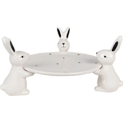 Černo-bílý keramický podnos s podstavcem ve tvaru tří králíčků Rabbit Party 24x23x12 cm