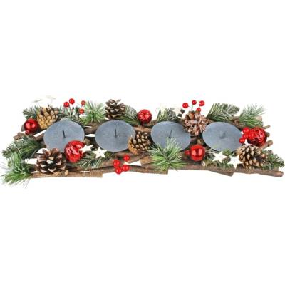 Adventný drevený svietnik s červenými doplnkami 51 cm