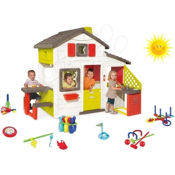Smoby 8102012 Domček Priateľov s kuchynkou a tečúcou vodou + fúrik set s vedrom náradím a krhlou+kosačka