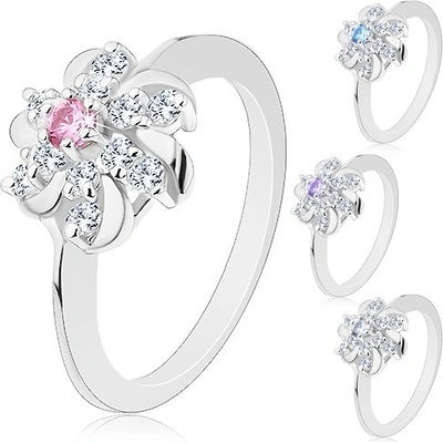 Šperky eshop prsten stříbrné čirý květ s barevným středem a lesklými obloučky R29.20 Světlemodrá