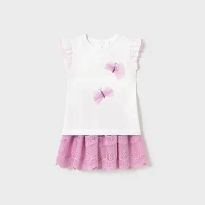 Mayoral Комплект пола тюл бродерия в лилаво и бяла тениска с пеперуди за мини момиче Майорал