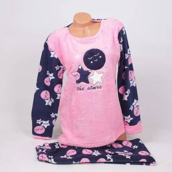 Image 1 of Макси пижама в тъмносиньо и розово с кръгчета и звезди