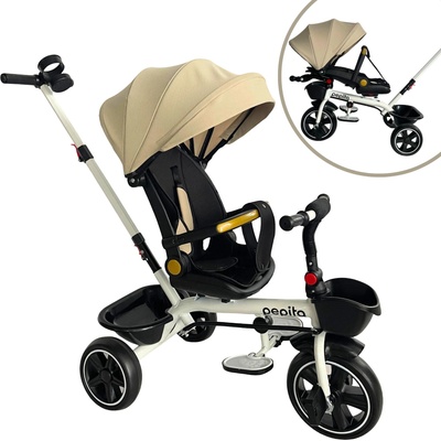 Pepita Fleppy 360° въртяща се триколка с накланяща се седалка, дръжка за бутане и кошче - бежово (TX-568-beige)