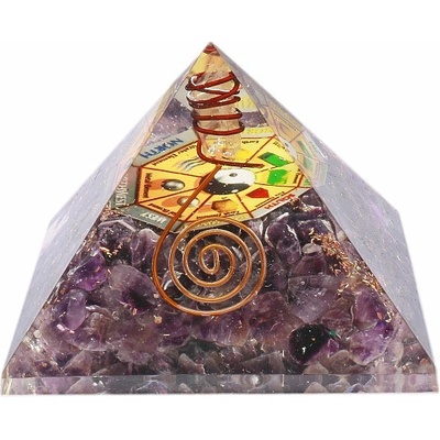 Nefertitis Orgonit pyramida s ametystem a křišťálem velká s Bagua NF9079 - 7,5 x 7,5 cm