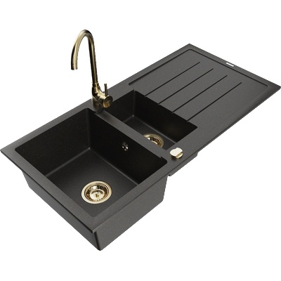 Mexen Andres гранитна мивка с 1, 5 камери с отцедник и кухненски смесител Telma, черен/златен - 6515-75-670200-50 (6515-75-670200-50)
