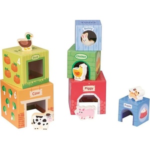 Lelin Детски комплект Lelin Toys - Картонени кубчета с дървени животни (L10295)