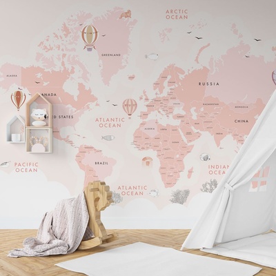 Decono Детски Фототапет Розова Карта на Света