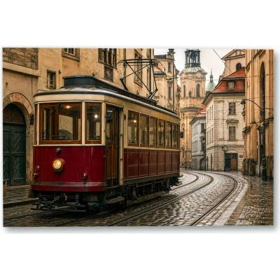 Plakát – Historická tramvaj v dlážděné ulici 135 × 90 cm Bez rámu Ne Bez rámu