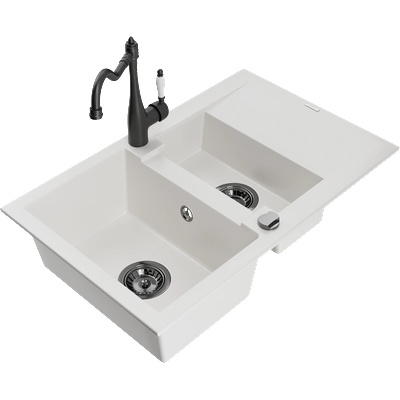 Mexen Gaspar гранитна мивка 1, 5-камерна с дренаж и кухненски смесител Carla, бял - 6507-20-670700-70 (6507-20-670700-70)