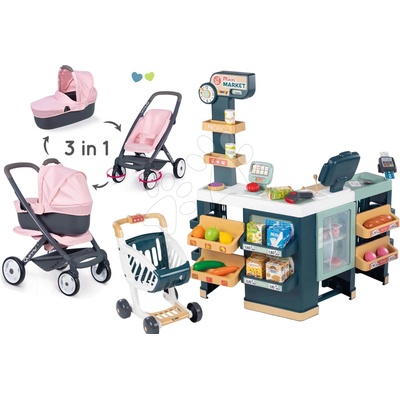 Smoby Set obchod elektronický smíšené zboží s lednicí Maxi Market a kočárek hluboký a sportovní a přenosná postýlka 3v1