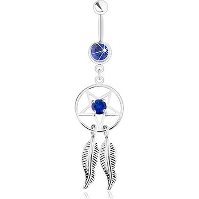 Šperky eshop ocelový piercing do břicha lapač snů pentagram pírka tmavě modré zirkony SP31.25