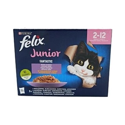 Felix Fantastic Junior hovězí, kuře, sardinky, losos jelly 12 x 85 g – Zbozi.Blesk.cz