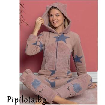 Пижама-гащеризон в кафяво със сиви звезди и кравичка