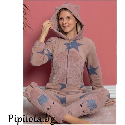 Пижама-гащеризон в кафяво със сиви звезди и кравичка