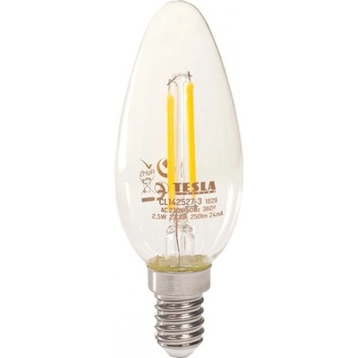Tesla LED žiarovka FILAMENT RETRO svíčka/ E14/ 2,5W/ 230V/ 250lm/ 2700K/ teplá bílá/ čirá
