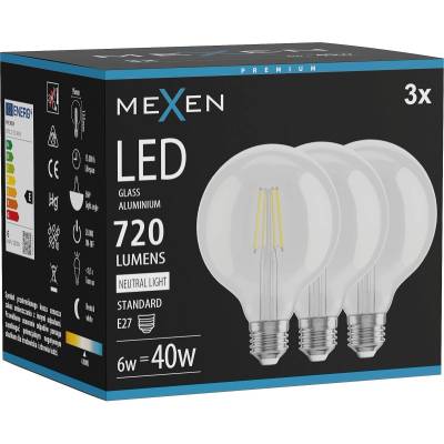 Mexen Vintis 3x LED филаментна крушка E27, G95, 6W, Неутрална - 4000K, 720 lm, прозрачна (L157-E27-0640-00x03)