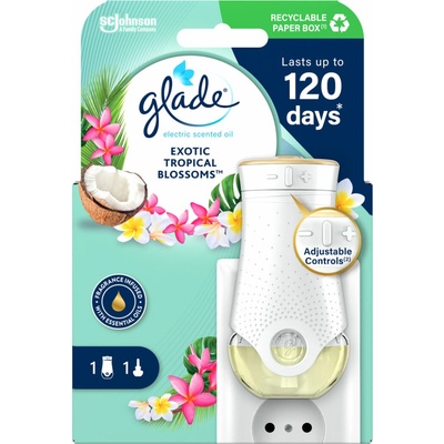 Glade Electric Scented Oil Exotic Tropical Blossoms vôňa s tónmi monoi kvetov a kokosového mlieka elektrický osviežovač vzduchu strojček s tekutou náplňou 20 ml