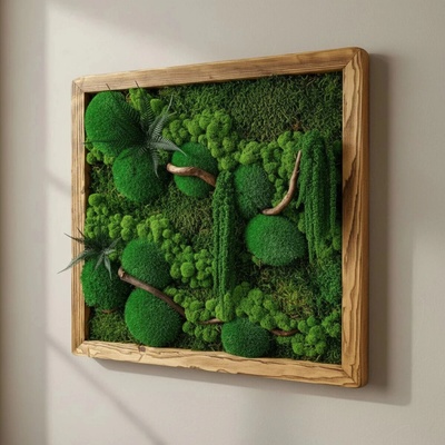 Hranatý machový obraz s vetvičkami a stabilizovanou papradou - 50×50 cm
