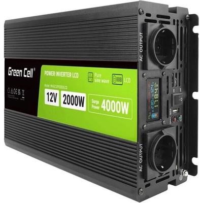 Green Cell Инвертор pro green cell, 12/220v, dc/ac, 2000w/4000w, invgcp2000lcd lcd Чиста синусоида (gc-inv-12v-2000w-p2000lcd)