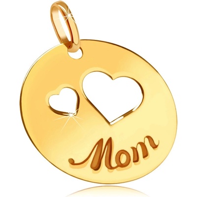 Šperky Eshop Plochý zlatý přívěsek 585 výřezy ve tvaru dvou srdcí gravírovaný nápis Mom lesklý kruh S2GG207.18