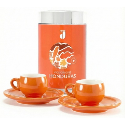 Danesi Комплект Danesi Duo Plus Orange Honduras Beans - Касета за тъмно кафе на зърна 250 г + 2 чаши и 2 чинийки - оранжево
