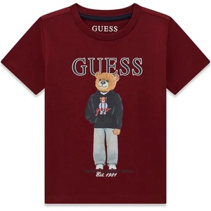 GUESS Тениска в цвят бордо за мини момче с цветно мече и тъмносин надпис Guess