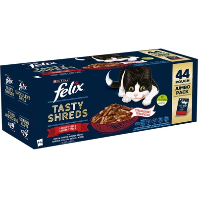 Felix Tasty Shreds hovězí kuře kachna krůta ve šťávě 44 x 80 g – Sleviste.cz